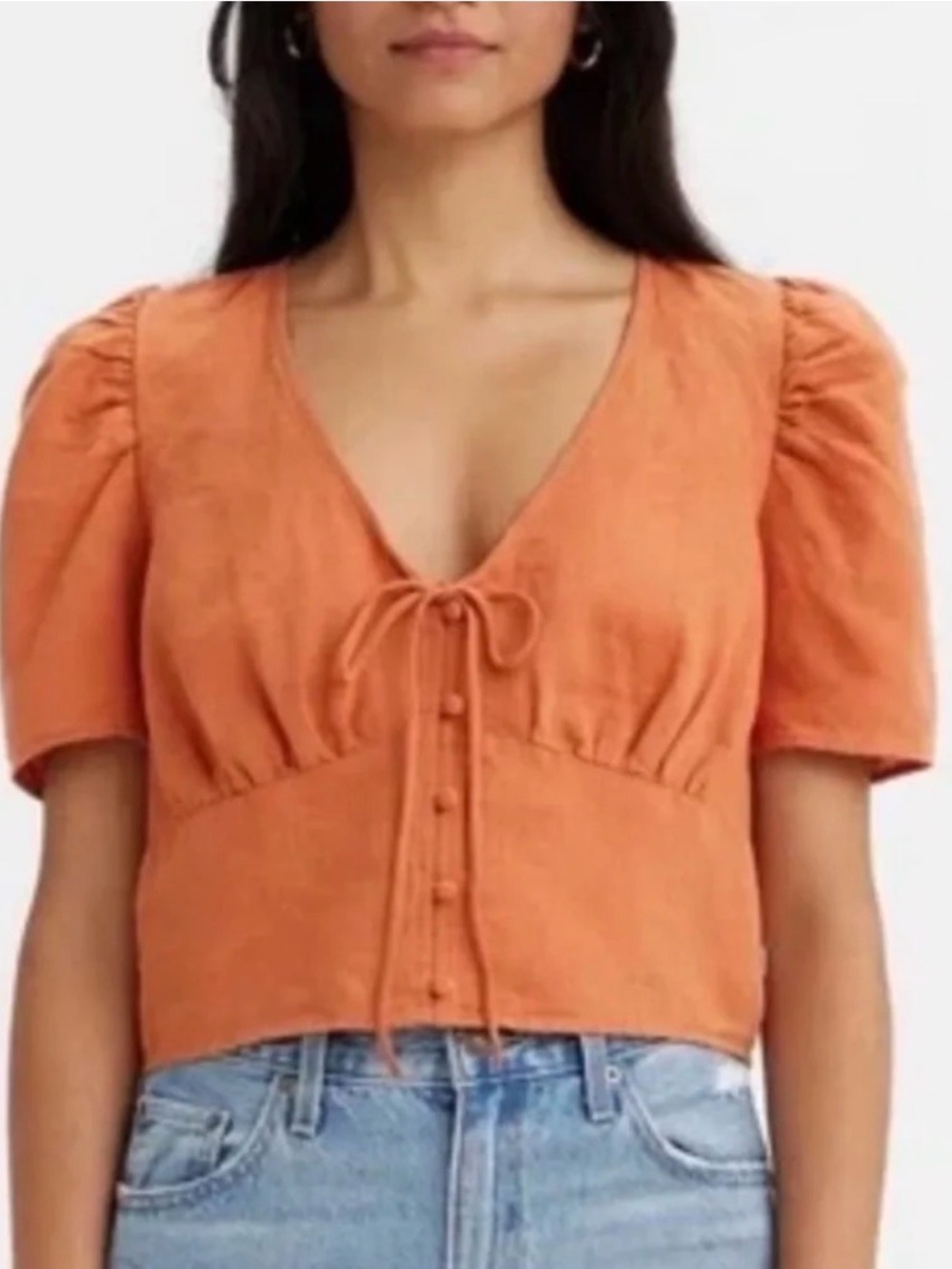 Denizen from Levi's Burnt Orange V-Neck Tie-Front Puff Sleeve Top